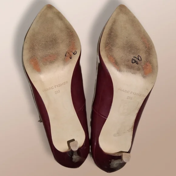 MARC FISHER Burgundy Patent Leather Strappy Pointed Toe Heels Ankle Strap Size 8 - Picture 13 of 13